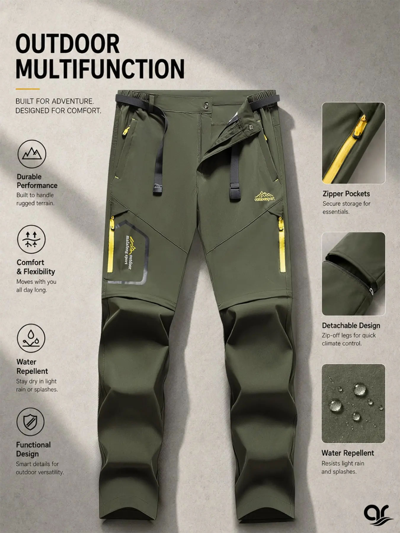 AR Men’s Convertible Hiking Pants, 2-in-1 Zip-Off Lightweight Water-Repellent Outdoor Pants with Zipper Pockets, Stretch Breathable Trousers for Hiking, Camping, Fishing, Travel & Daily Wear