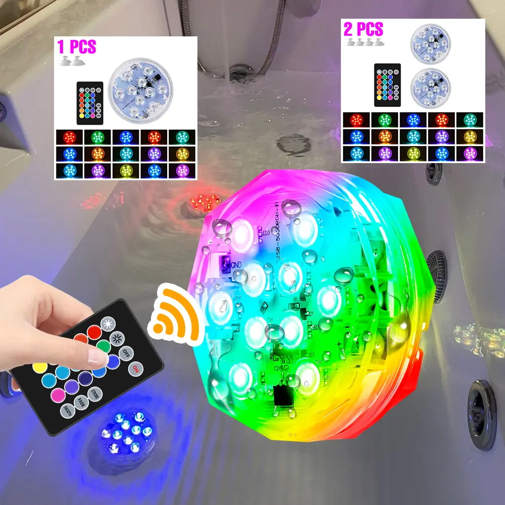 1/2Pack RGB Submersible Lights with Remote Waterproof 15Colors 3Flashing Mode Colorful Aquarium Fish Tank Pond Fountain Swimming Pool Bathtub LED Underwater Mood Lamp Party Vase Novelty Decorative Decoration Lighting