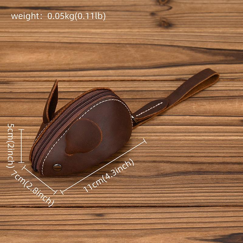Unisex Crazy Horse Leather Card Holder & Coin Purse | Genuine Cowhide Mini Wallet, Cute Mouse Animal Design, Zipper Closure Slim Card Case, Durable Lightweight EDC Pocket Wallet for Daily Casual Use
