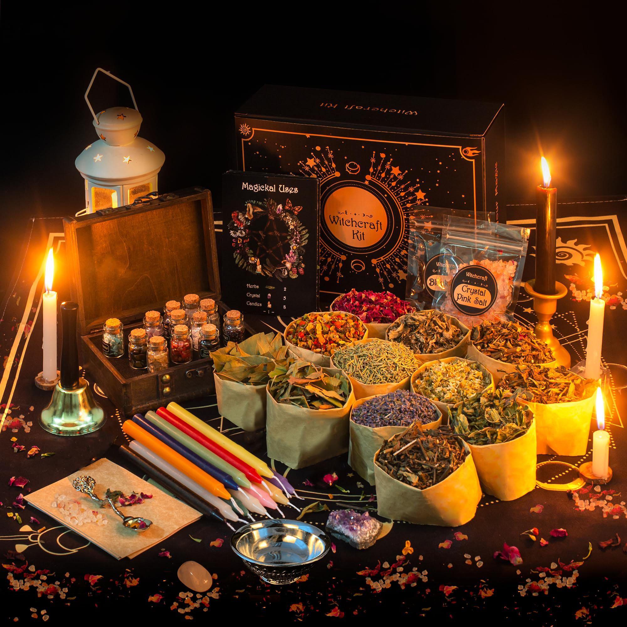 SAGAETR Witchcraft Witch Stuff Spell Kit 54/60/64PCS, Wiccan and Tools, Witchy Include Crystal Candle Amethyst Altar Bowl Witch Bell, Witch Gift Wiccan Starter Kit Altar Pagan Decor