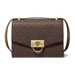 Michael Kors MK Hendrix Mini Crossbody Bag for Women, Monogram Style with Gold-Tone Turn-Lock Closure, Dark Brown
