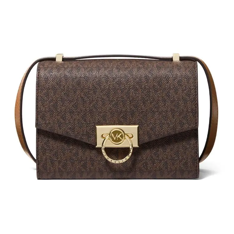 Michael Kors MK Hendrix Mini Crossbody Bag for Women, Monogram Style with Gold-Tone Turn-Lock Closure, Dark Brown
