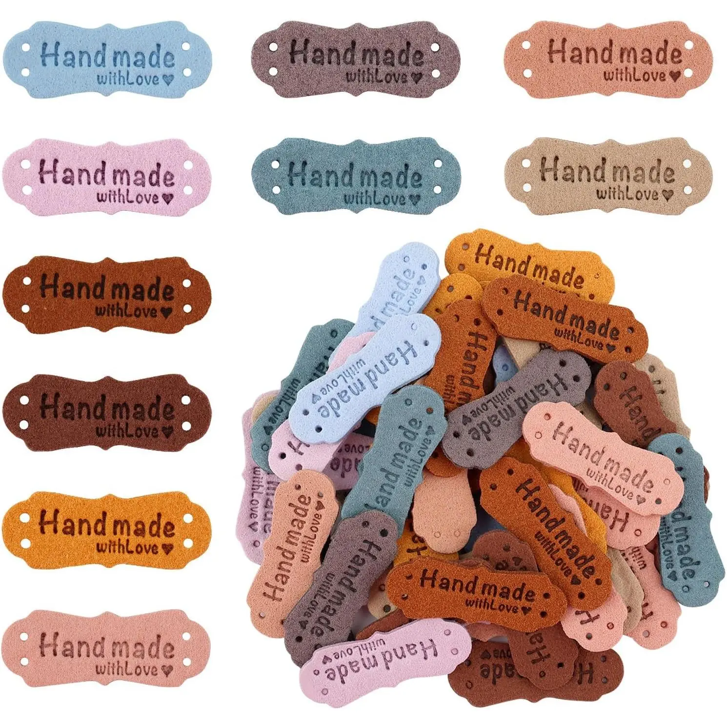 50-Count Microfiber Colorful Leather Labels, Embossed Hearts Crochet Tags with Hole Punched Design & Printed Text for DIY Leathercraft, Crafts, Knitting (10 Colors)