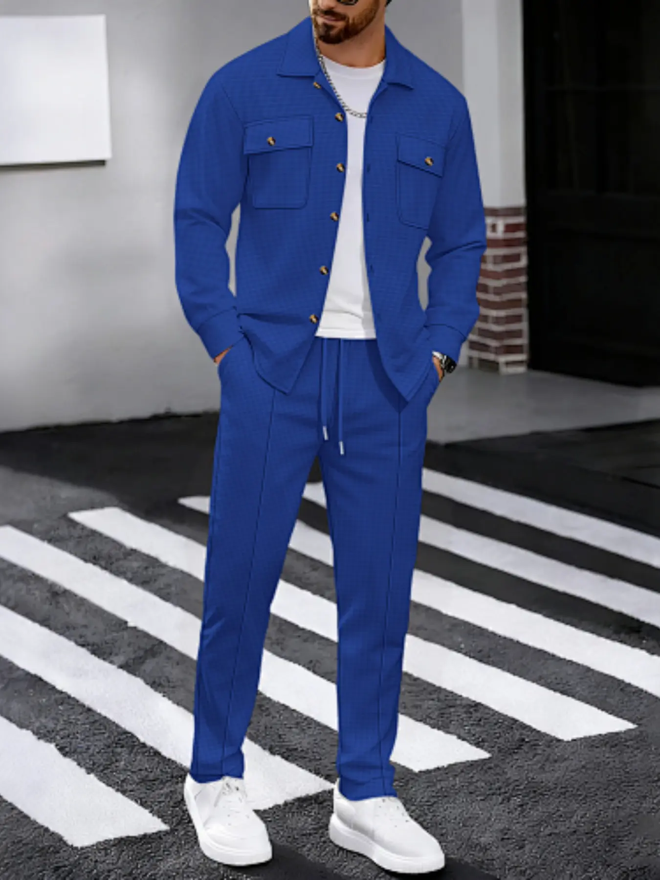 Men's Waffle Knit Shirt and Pants Set, Retro Practical Two-Piece
