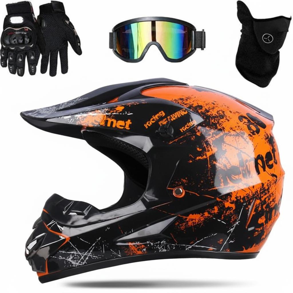 Youth Dirt Bike Helmet with Accessories – Off-Road Motocross ATV Helmet Kit, Shark Graffiti Design, Includes Goggles Gloves Face Mask, Safety Gear for Kids DH AM Downhill Mountain Bike Racing