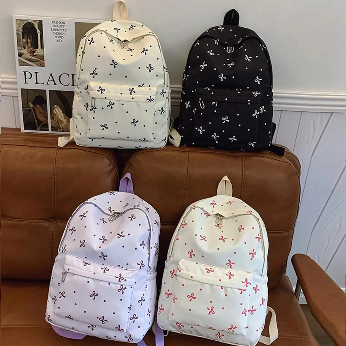 Back To School Backpack Playful Bow Print Bookbag Quilted Comfort and Multi-Pocket Organization System for Women's Campus Life