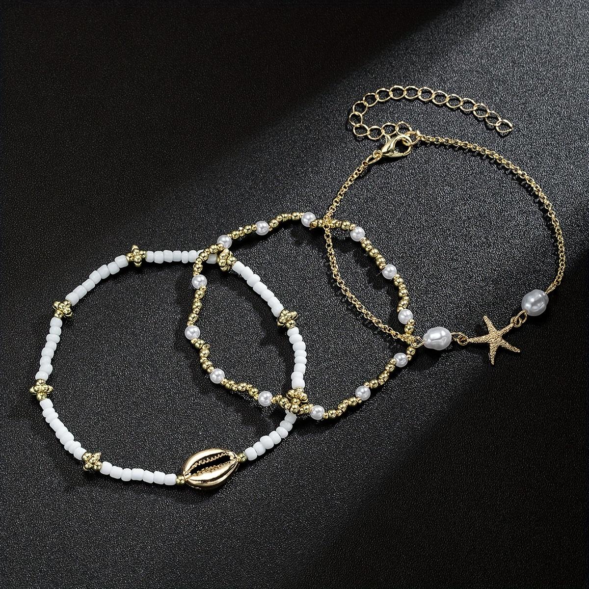 3pcs Beach Style Anklet Set] Beaded Anklet Set for Women, 3pcs Summer Beach Style, Starfish and Shell Charms, Vacation & Daily Wear, Universal Anklets Set