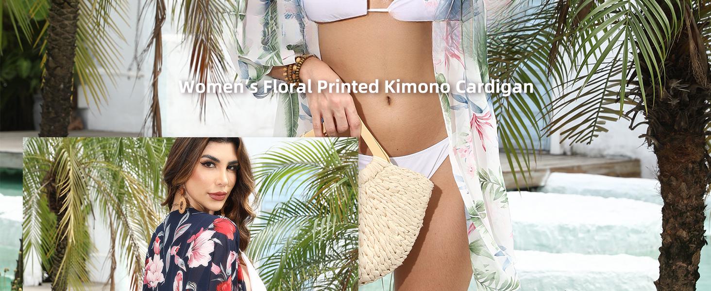 Summer clothing,Women's kimono cardigan, summer lightweight cover-up, 3/4 sleeves, floral print vacation beachwear