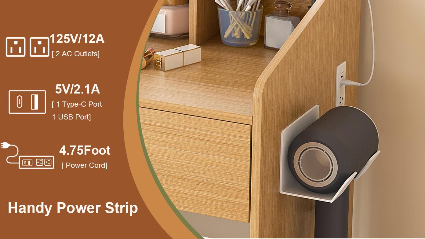 Small Vanity Desk with Mirror and Lights, Makeup Vanity Table with Power Outlet & 2 Drawers & 4 Shelves & Stool,Dressing Table Set for Bedroom, 3 Color Mode, Wood Small Vanity Desk with Mirror and Lights, Makeup Vanity Table with Power Outlet & 2 Drawers & 4 Shelves & Stool,Dressing Table Set for Bedroom, 3 Color Mode, Wood