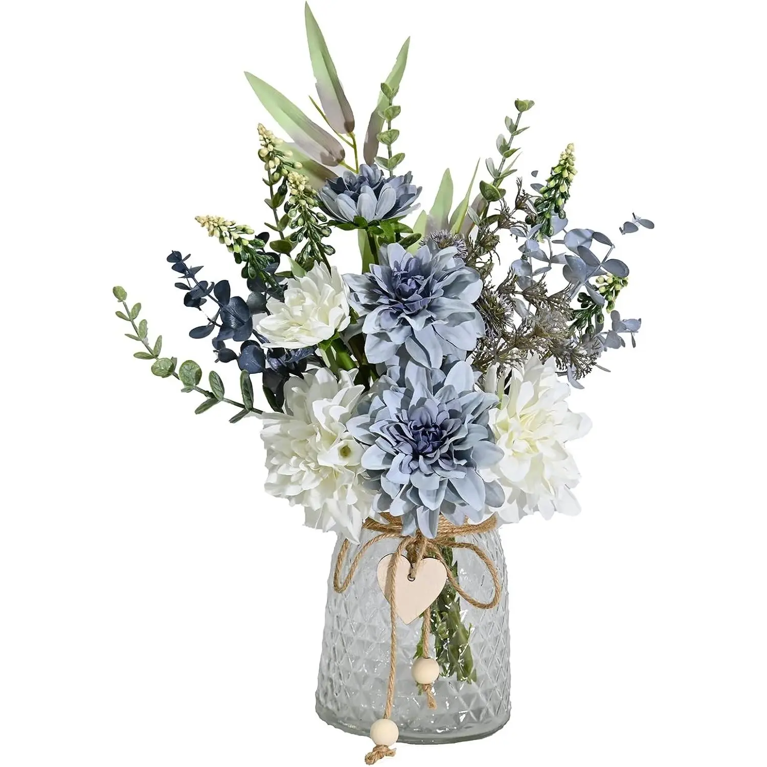 Artificial Flowers with Vase, Faux Dahlia Flower Arrangement in Glass Vase, Blue and White Silk Flowers with Eucalyptus for Home Office Kitchen Dining Table Centerpiece Decor