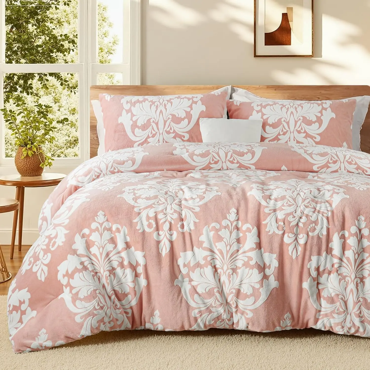 Fleece Queen Comforter Set, Pink| 3-Piece Soft Warm Comforters, Luxury Reversible 3D Boho, Fuzzy All Season Bedding with 2 Pillow Shams