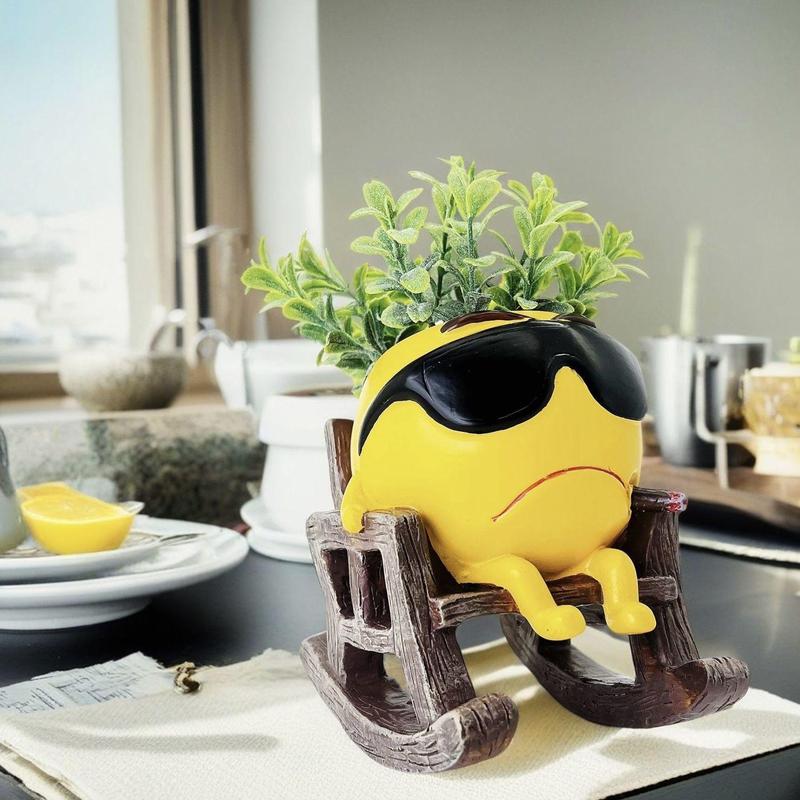 Vase aus Kunstharz im Cartoon-Design, süße Stuhl-Design-Vase mit Abflussloch, dekorativer Blumentopf für den Schreibtisch im Home Office, Wohndekor, Ornamente_voghion.com