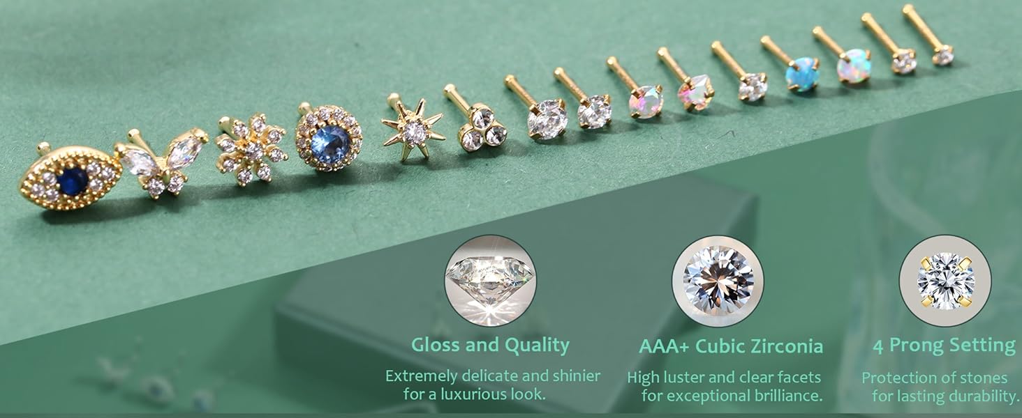 15Pcs 14K Gold Filled Nose Rings Studs 20G Surgical Stainless Steel L Shaped Nose Studs Genuine Opal CZ Nose Piercing Jewelry for Women Men