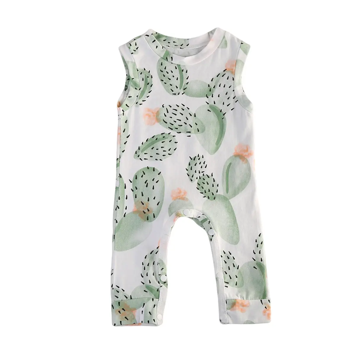 Newborn Baby Girl Summer Sleeveless Cactus Print Romper Round Neck Full Length Leg Bodysuit Snap Crotch Kids Casual Beach Daily Outfit