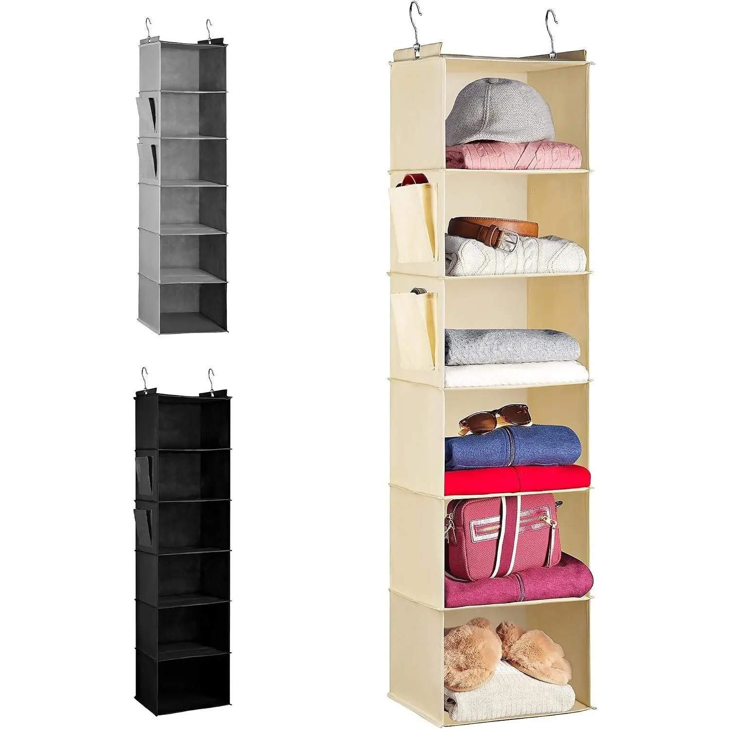 Hanging Closet Organizer - 6 Shelf Storage for Clothes, Sweaters, Shoes & Accessories - Space-Saving Wardrobe Shelves with Hooks for Dorm, RV & Small Closet Organization (Beige)Gift