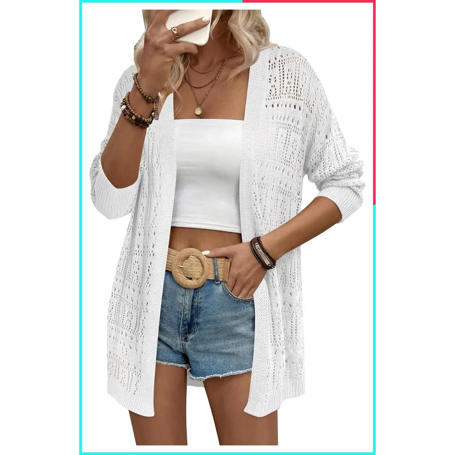 Women's Summer Crochet Kimono Cardigan Lightweight Boho Open Front Long Sleeve Knit Duster Cover Up Beach Vacation Spring Fashion Outfit