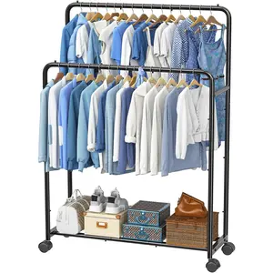 Clothing Clothes Rack Double Rods with Wheels, Rolling Metal Garment Rack for Hanging, Black