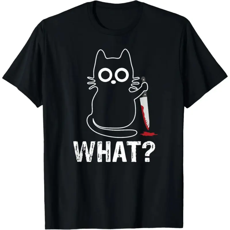 Unisex 100% Cotton Funny Cat Holding Knife Meme Graphic T-Shirt - Shortsleeve, Round Neck, Funny Print, Sarcastic Crazy Kitty, Casual Streetwear Casual Wear, Multi-Size Sports Top