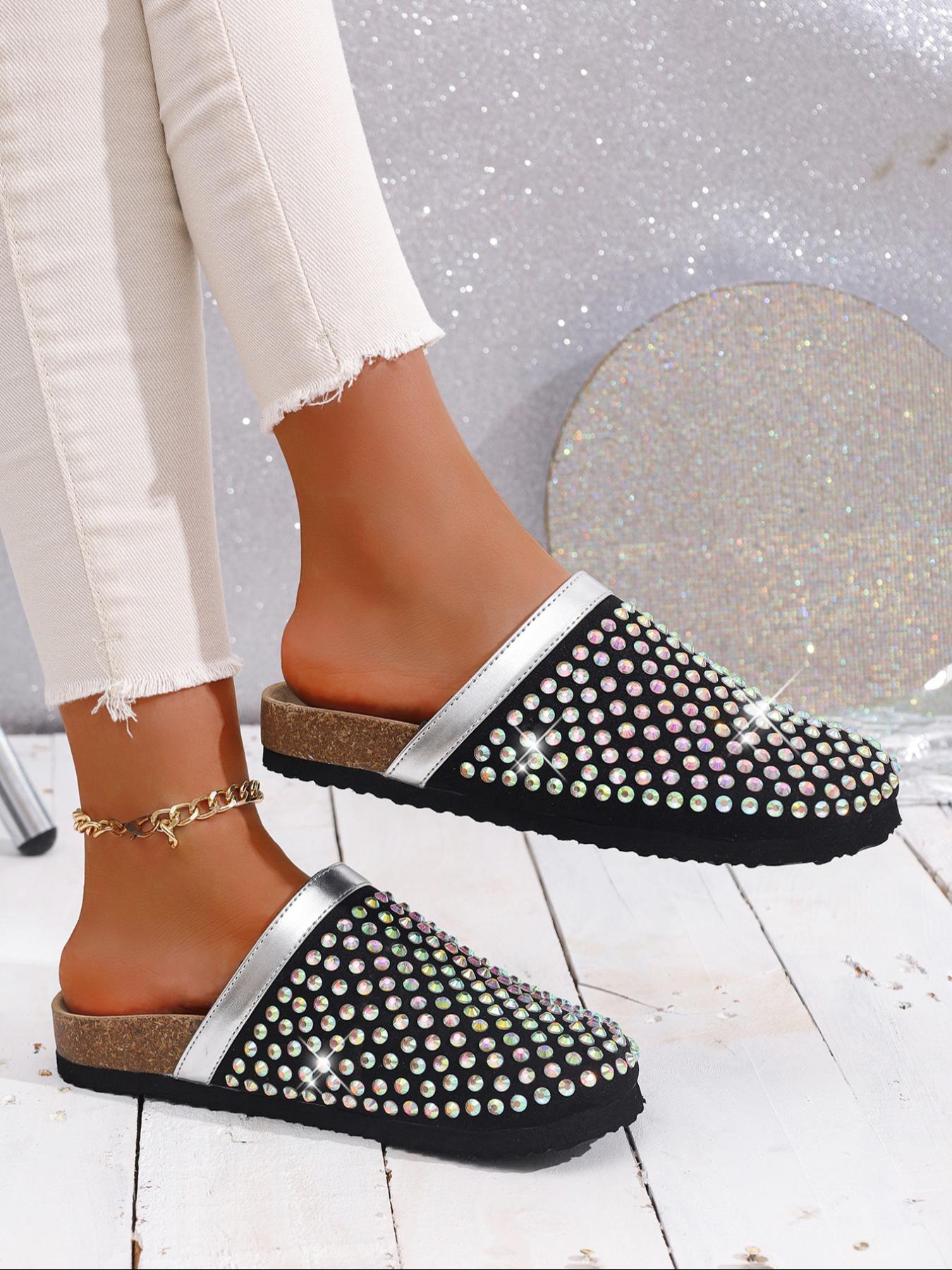 Women's Rhinestone Decorated Slip-On Mules, Anti-Slip Thick Sole, Fashionable Indoor & Outdoor Casual Shoes, Comfortable One-Step Design, Thick Bottom Slippers