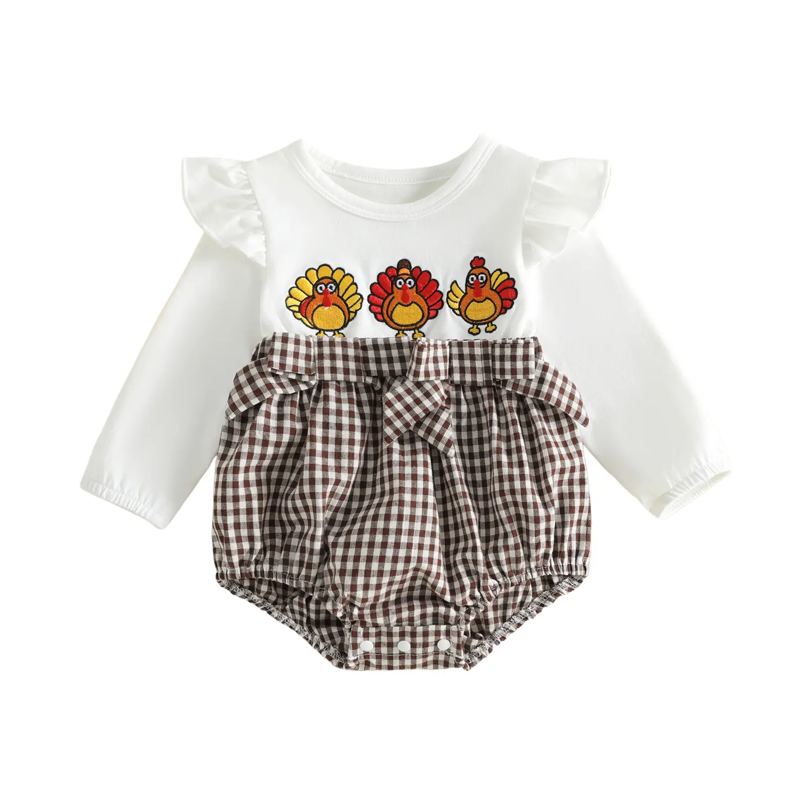Meihuida Infant Baby Girl Thanksgiving Bubble Romper with Bows Turkey Embroidered Plaid Long Sleeve Bodysuit Cute Fall Clothes 0-18 Months
