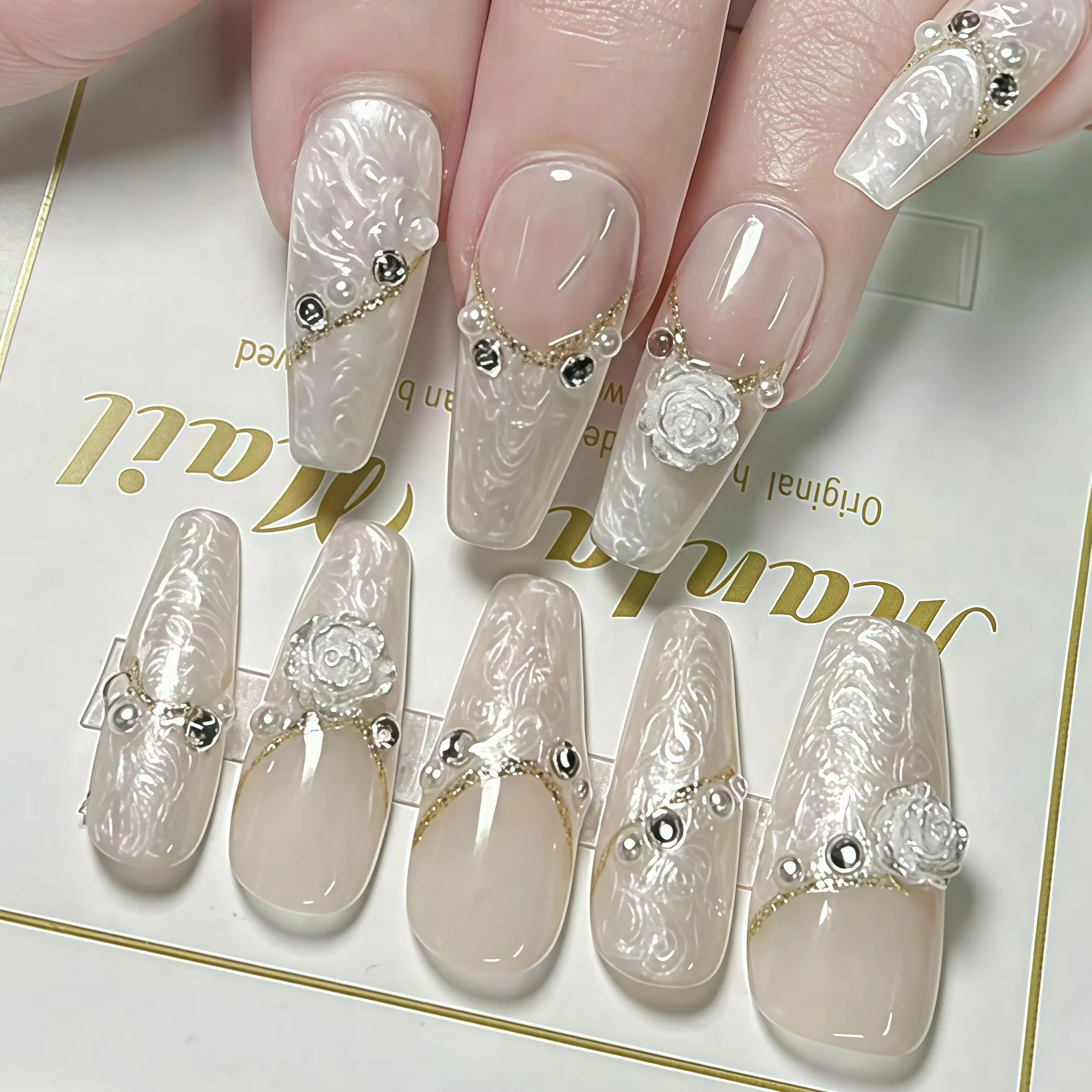 Opal Camellia, Acrylic Press On Nails, Medium Taper Coffin, 10pcs Handmade nails with milky opal swirl texture, 3D white camellia ornaments, gold chains, pearls & clear crystal rhinestones, reusable nails for wedding formal occasions