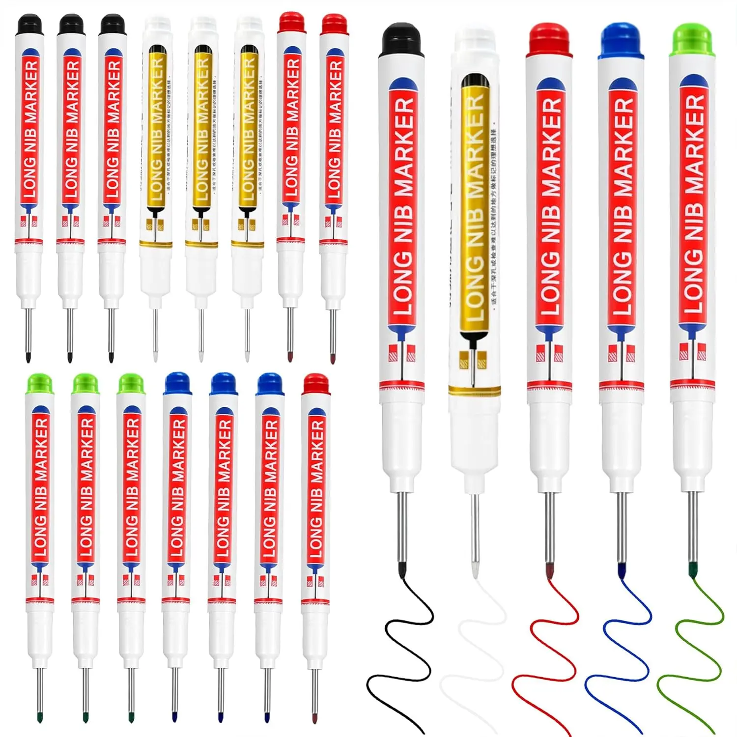 20 count Long Nib Marker 20mm Long  Deep Hole Marker Pens Deep  Permanent  Markers Marking Pen for Metal Drilling Construction Carpenter(Black,White,Blue,Red,Green)