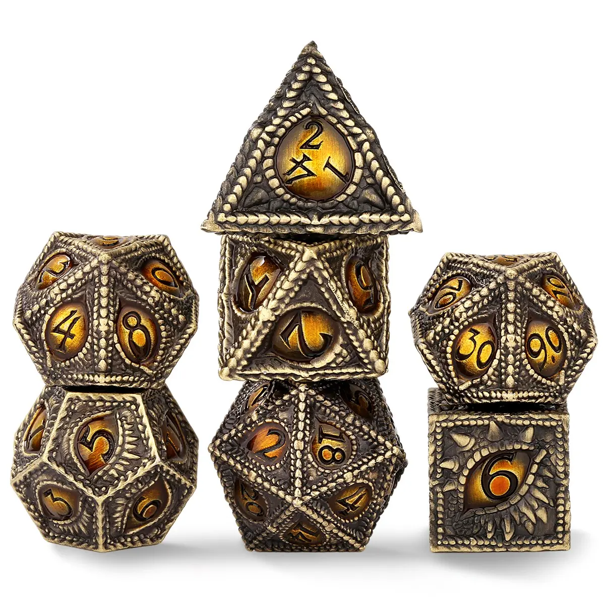 Metal Dice Set, Dragon Eye Theme, 7 Multi-Face Metal Dnd Dice Set, Dnd Starter Kit, D&d Gift, Role-Playing Table Game Accessories, Bronze Amber Color