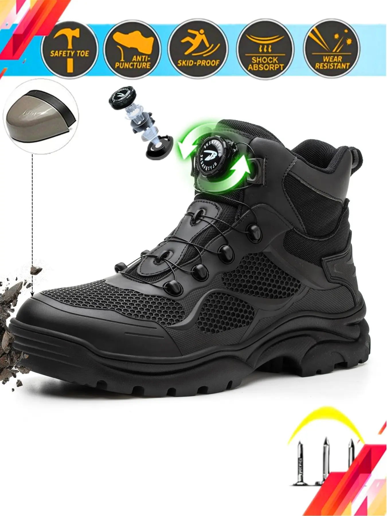 Men's Heavy-Duty Work Boots with Steel Toe Safety, All-Season Rubber Sole, Arch Support, Ideal for Construction, Warehouse, Gardening