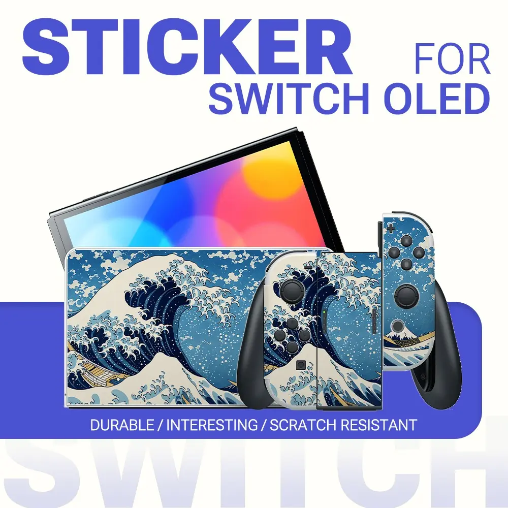 Classic Blue Wave Art Vinyl Sticker for Switch Oled, Waterproof Removable Game Console Decal, Controller Protection Film, No Residue, Durability