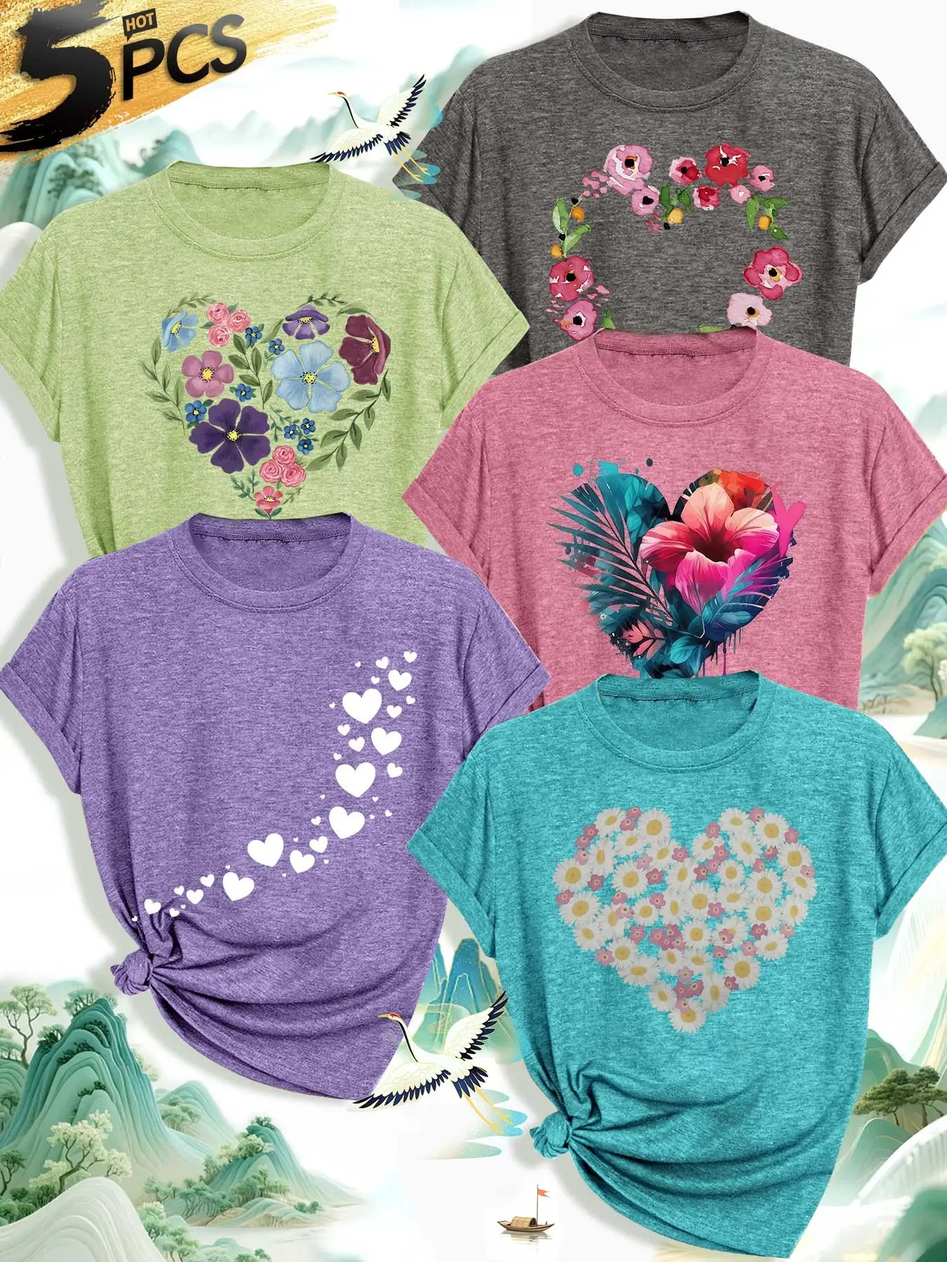 Five-Piece Women's Round Neck T-Shirts, Floral Heart Print, Mixed Color Bouquet, Soft Casual Summer Top