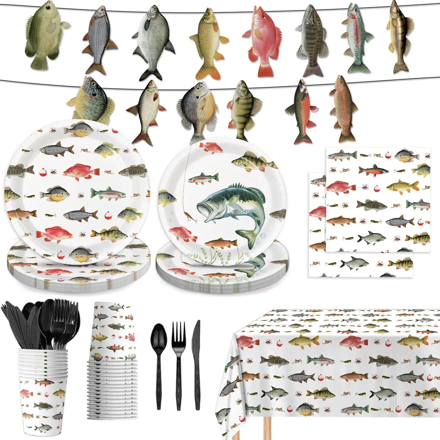 170PCS Gone Fishing Birthday Party Supplies Set - Plates, Cups, Cutlery, Banner, Tablecloth for Ofishally One Fishing Themed Birthday DecorationsGift