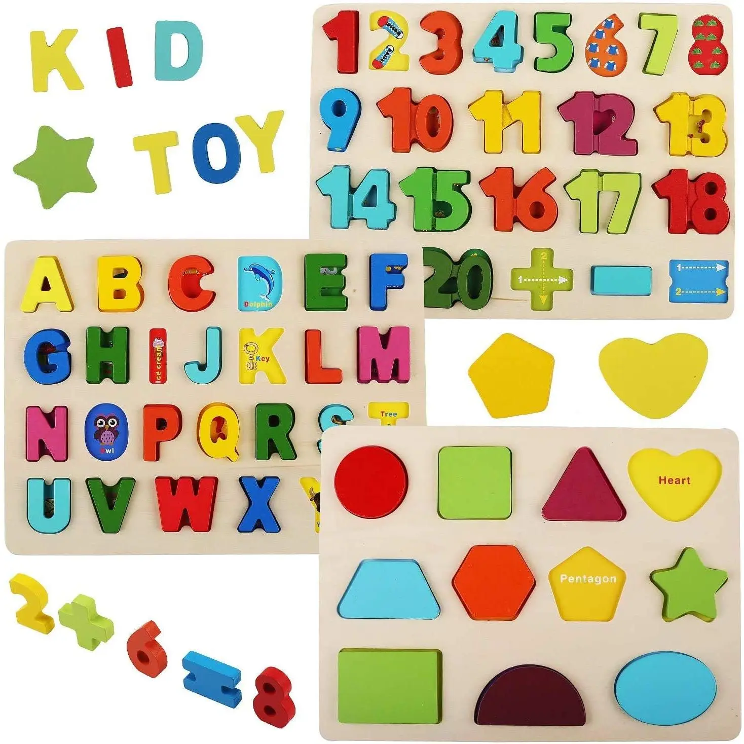 Wooden Puzzles for Toddlers, Wood Alphabet Number Shape Puzzles Kids Preschool Learning Toys for Boys Girls Ages 2 3 4 5 Year oldsfidget toys