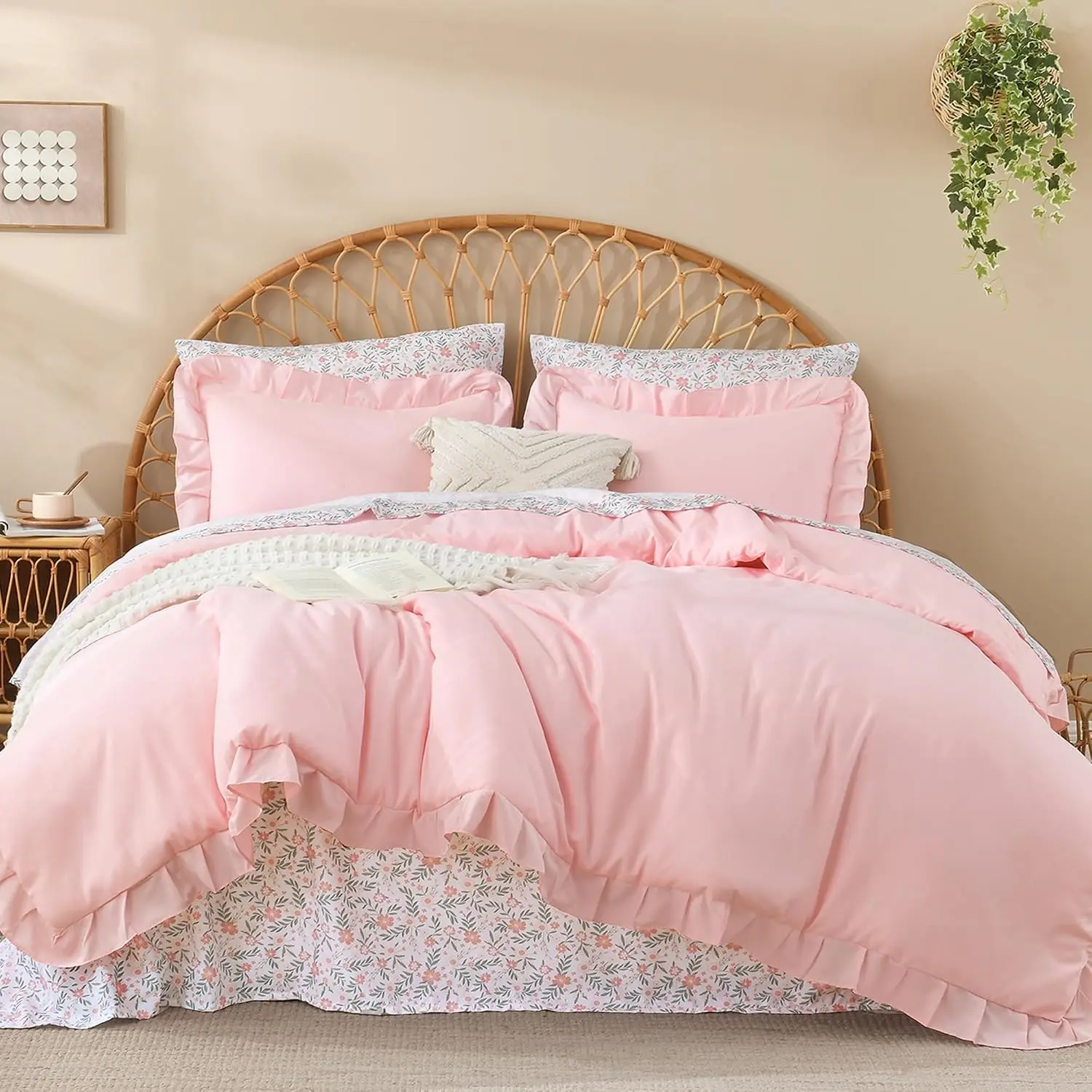 Queen Size Comforter Sets - 7 Pieces Ruffle Pink Bed in a Bag, Soft Farmhouse Bedding Sets with Ruffled Comforter, Floral Sheets, Pillowcases & Shams