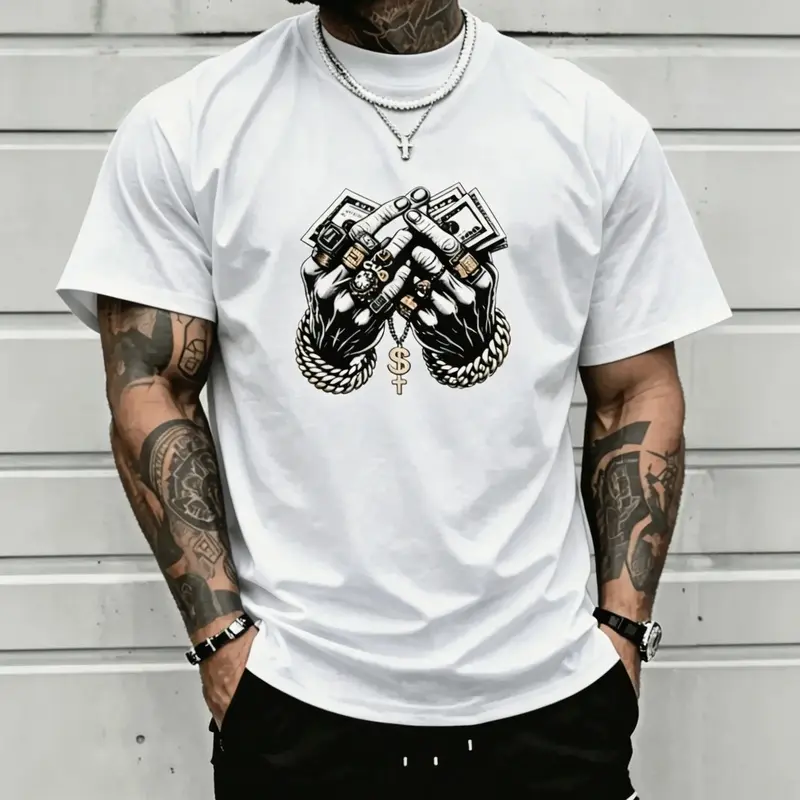 Men's Hip Hop Graphic T-Shirt, Hustle Skeleton Hands with Money & Chains Print Streetwear Tee, Casual Short Sleeve Crewneck Top