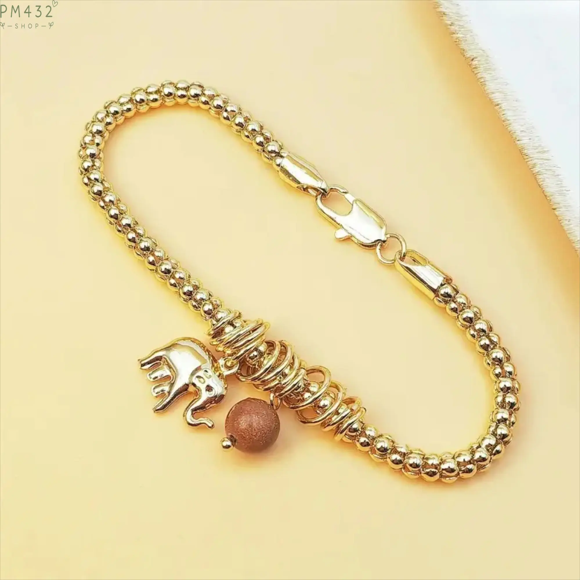 14K Gold Plated Beaded Chain Bracelet for Women, Elephant Charm Sunstone Pendant Lucky Style Jewelry, Adjustable Lobster Clasp Bracelet, Trendy Statement Accessory for Daily Wear, Party, Gift and Special Occasions