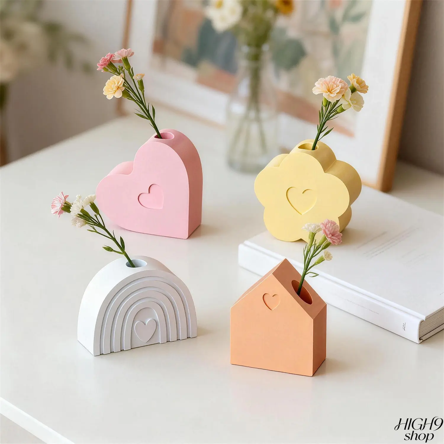 4pcs One-Piece Aroma Gypsum Vase Silicone Molds, DIY Craft Molds For Heart, Flower, Rainbow Arch And House Shaped Vases, Reusable Resin Plaster Casting Molds For Home Fragrance Ornaments And Decorative Flower Container Making