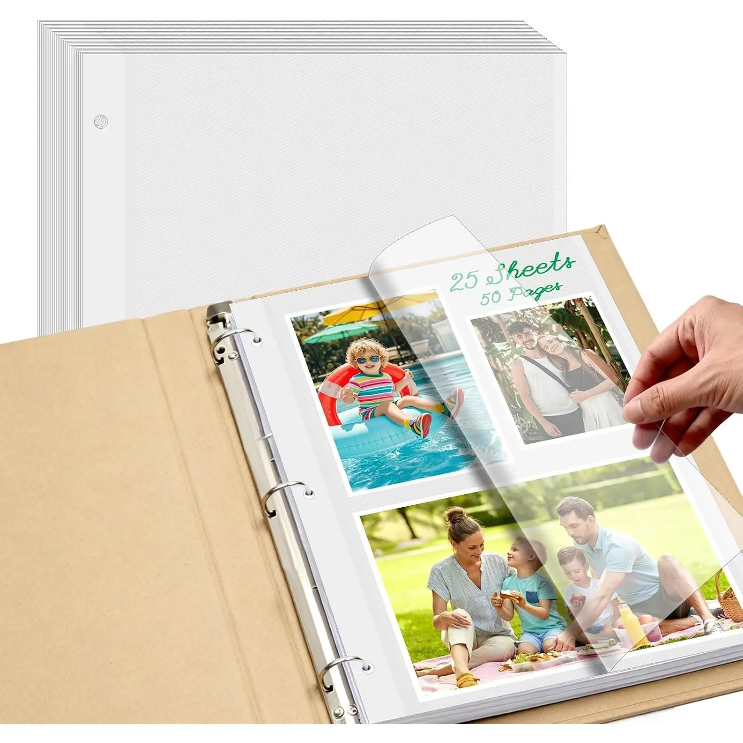 25 Sheets/50 Pages Photo Album Refill Pages for 3 Ring Binder, Acid Free &  Photo Album Self Adhesive Pages for 2x3 4x6 5x7 8x10 Photos, , Recipe Cards
