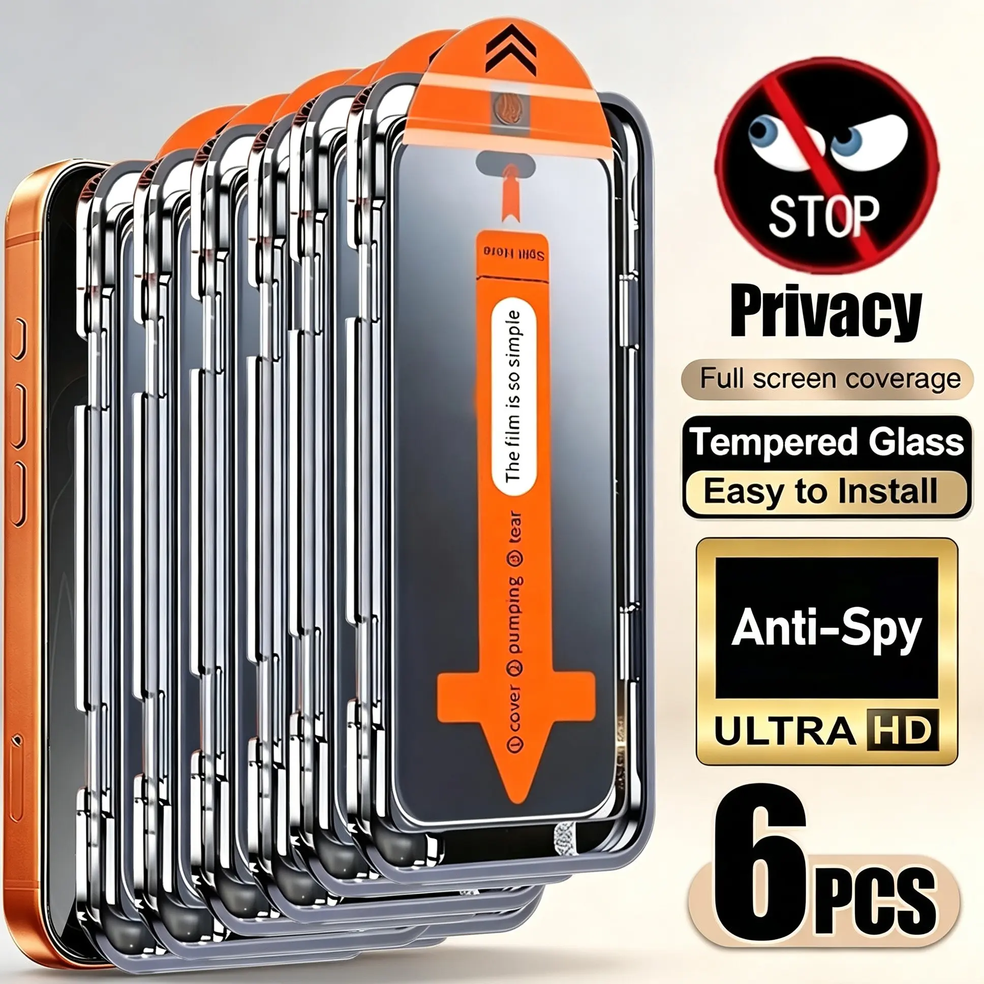 6-Pack Dust-Free Installation Protective Privacy Screen Protector, Compatible with iPhone 17 Air, 17 Pro Max, 16 Pro Max, 16e, 16, 15, 14 Plus, 13, 12, 11 Pro Max, X, XS, XS Max, XR, Anti-Spy Phone Screen Protectors