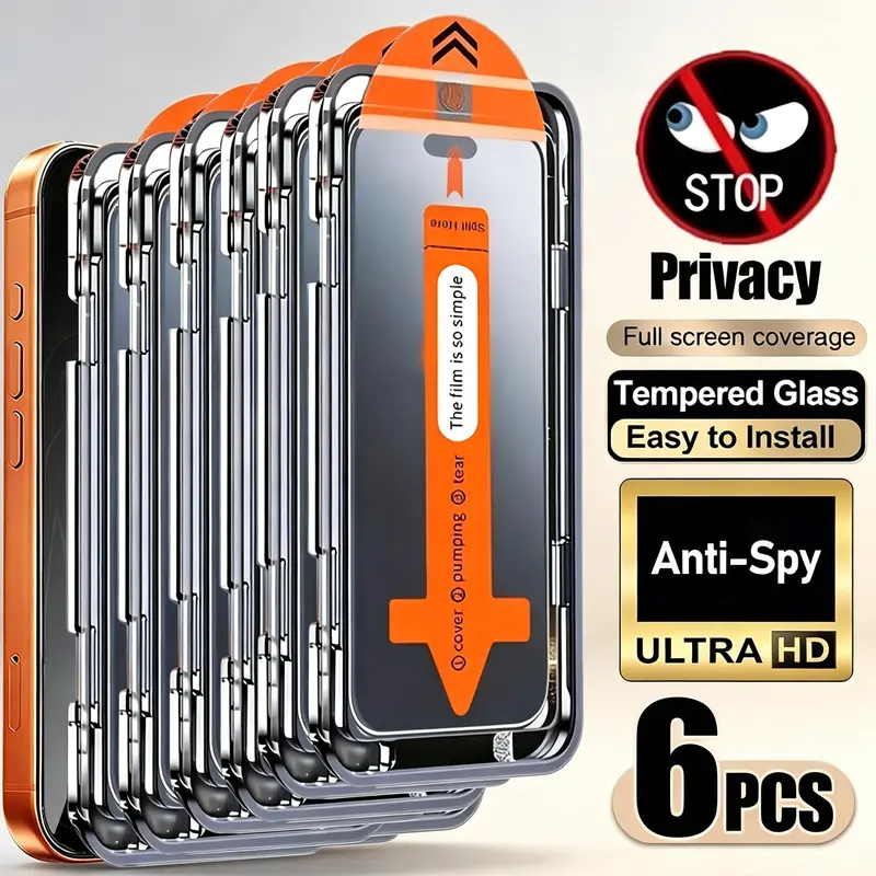 6-Pack Dust-Free Installation Protective Privacy Screen Protector, Compatible with iPhone 17 Air, 17 Pro Max, 16 Pro Max, 16e, 16, 15, 14 Plus, 13, 12, 11 Pro Max, X, XS, XS Max, XR, Anti-Spy Phone Screen Protectors