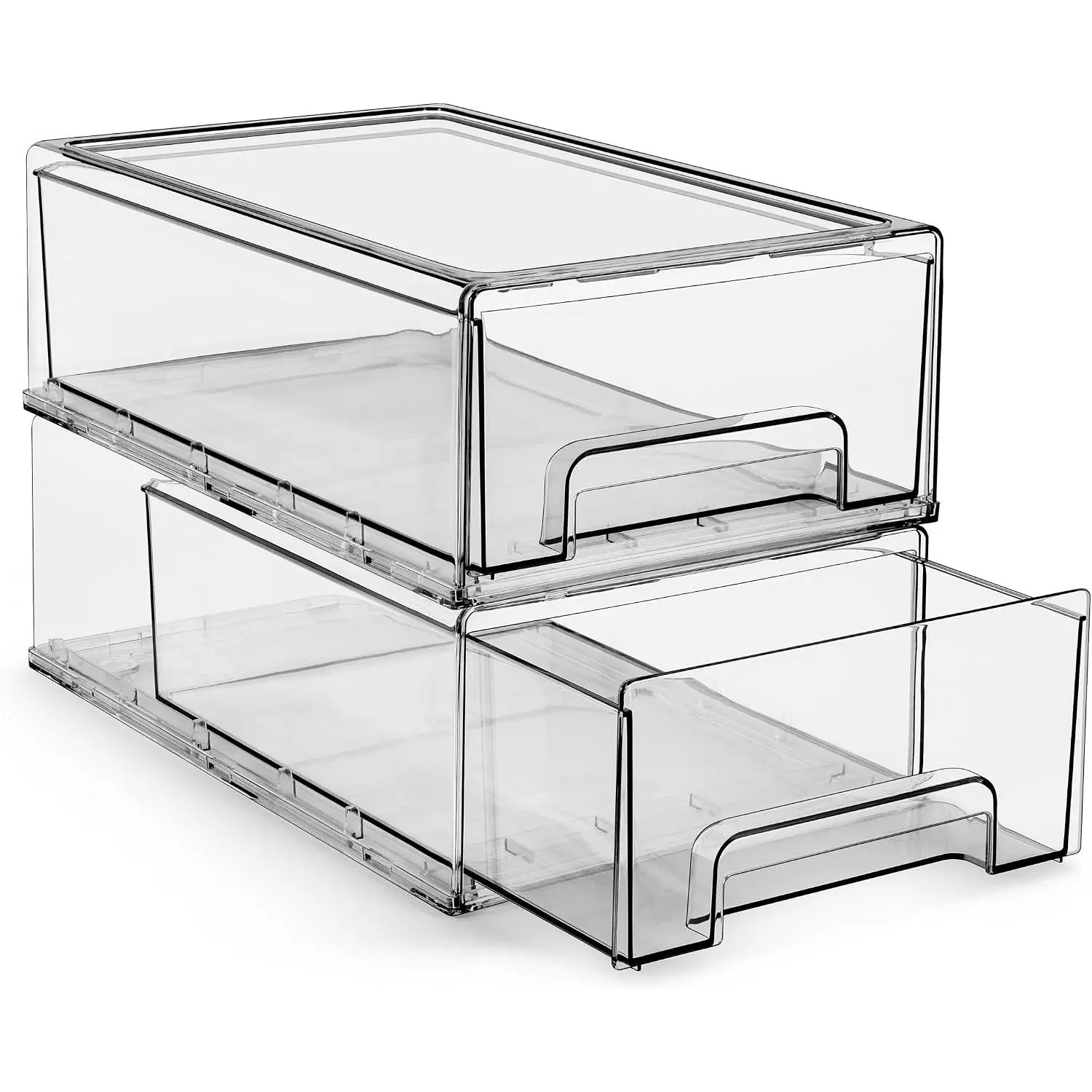Medium Clear Storage Drawers (2 Pack) – Stackable Organizer Drawers for Fridge, Pantry, Kitchen – Pull-Out Storage Bins with Handles, Slide Out Acrylic Drawers