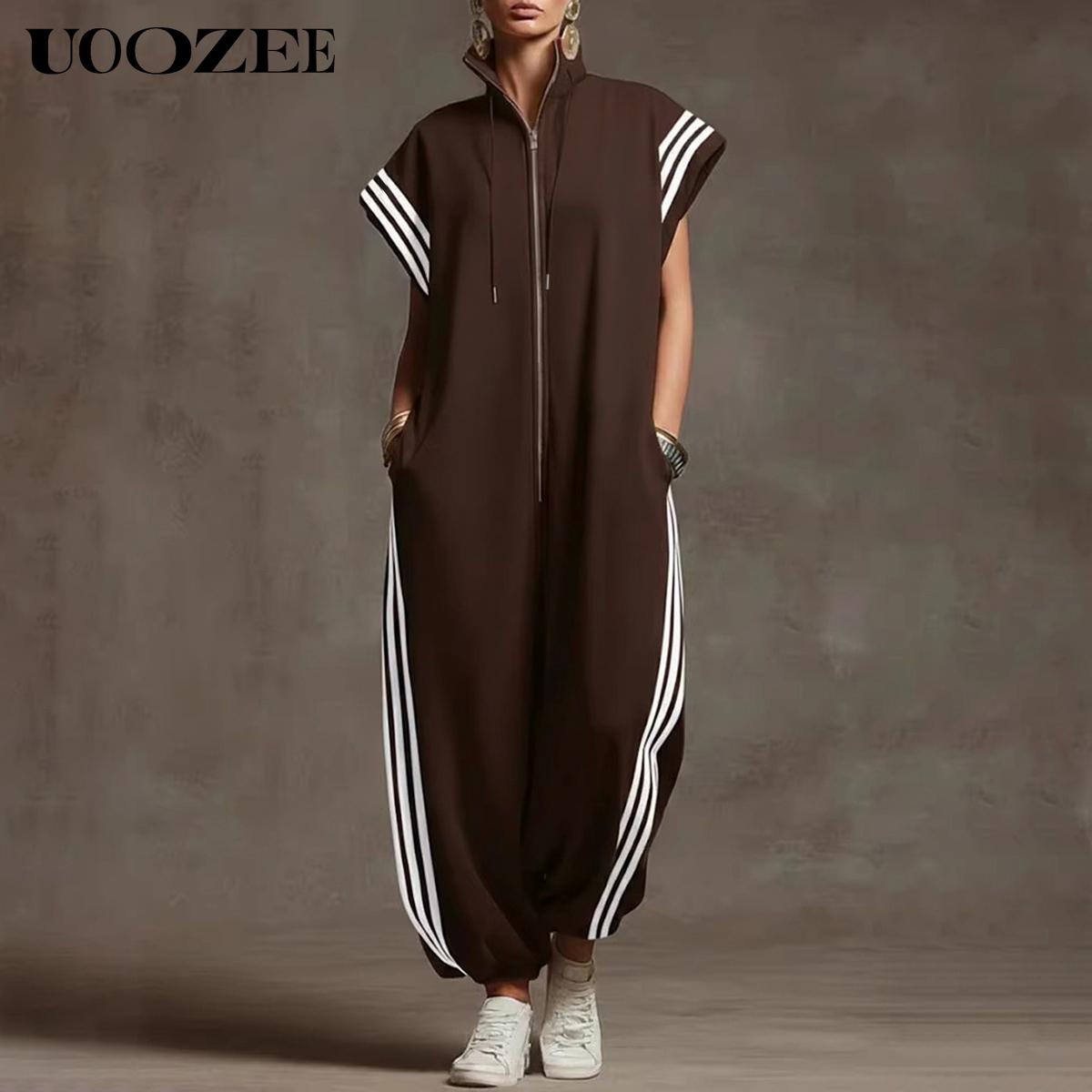 UOOZEE Women's New Summer Casual Side Stripe 100% Polyester Plus Size Contrast Color Pockets Jumpsuits, Loose Short Sleeves Zipper Stand Collar Ninth Pants One-Piece, Loungewear Streetwear Athletic Jumpsuit for Spring Summer Fall Womenswear
