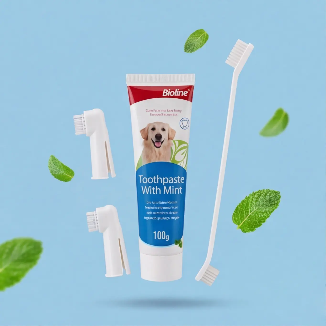 Bioline Dog Mint Oral Care Kit, Puppy Tooth Brushing Kit, 100g Mint Toothpaste + 3 Soft Bristle Dual-Head Brushes, Complete Pet Dental Cleaning Set