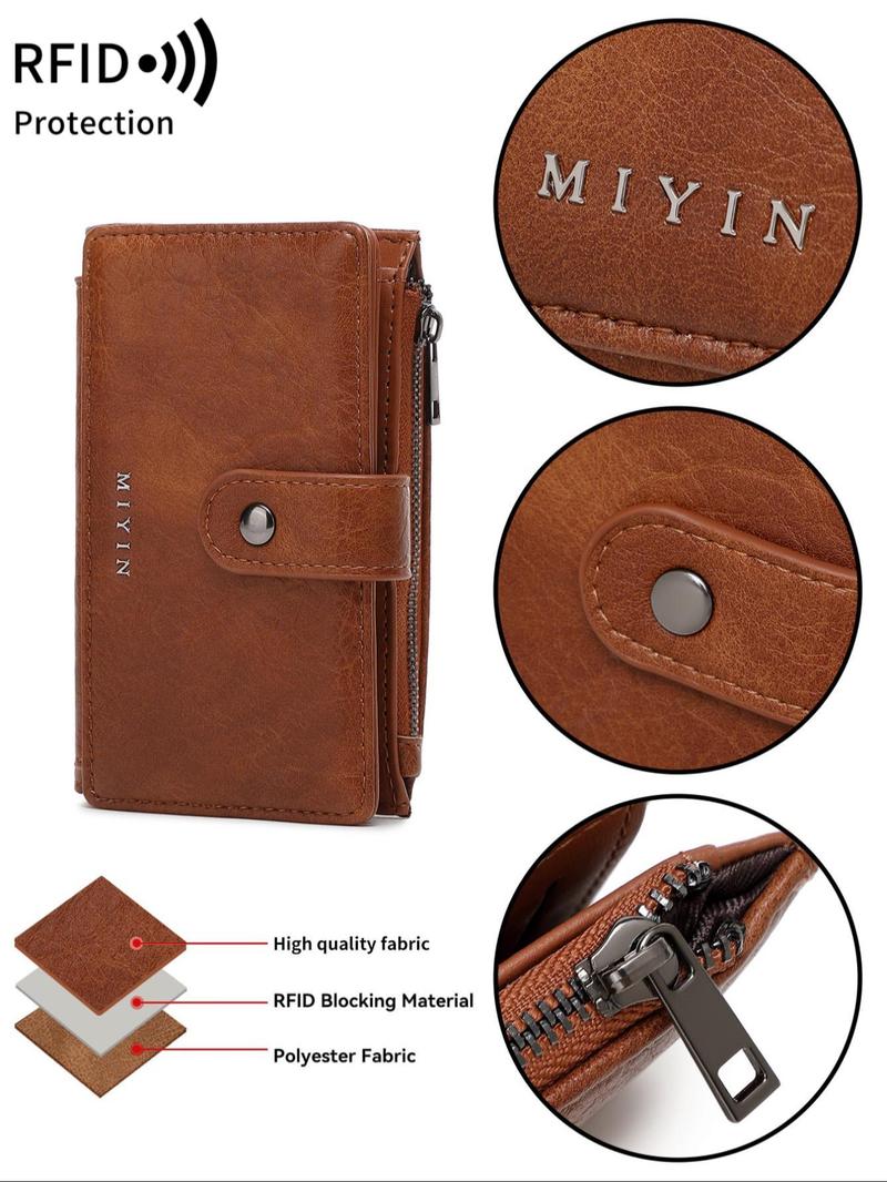 Women's Minimalist Plain Color Letter Decor Short Wallet, Casual Versatile Zipper Wallet with ID Window, RFID Blocking Card Holder for Daily Used