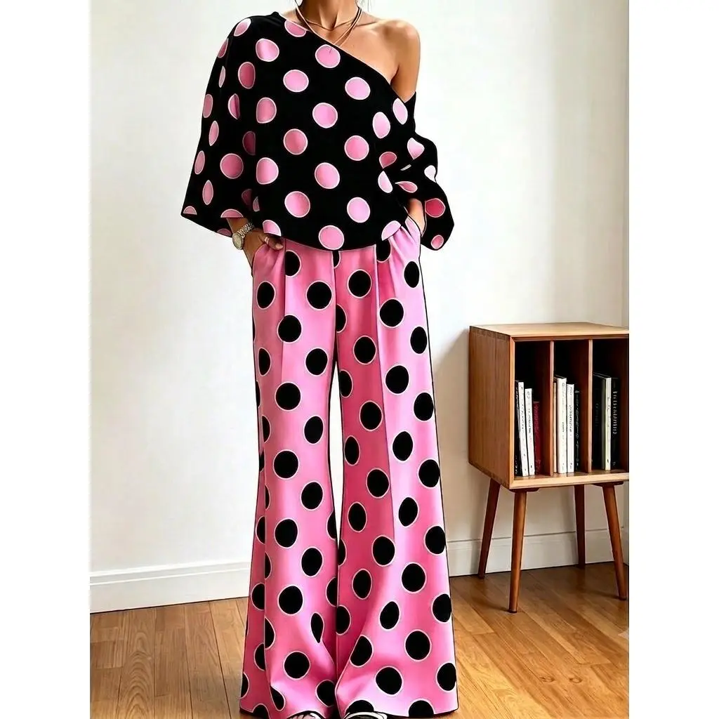 Women's 2-Piece Asymmetrical Sweatpants Clothes Set - Casual Pink Polka Dot 1-Shoulder Longsleeves Tee, Comfortable High-Waist Wide-Leg Pockets Pants, Flattering Fit Soft Fabric