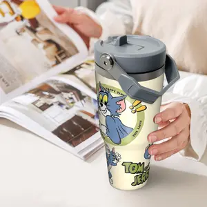 WB Tom and Jerry 30oz Car Insulated Travel Mug with Handle Flip Lid, Happy Time Circle Tom Cat Print Stainless Steel Car Coffee Cup, Leakproof Double Wall Vacuum Beverage Water Bottle, Reusable Hot Cold Drinking Cup Gift for Cartoon Fans
