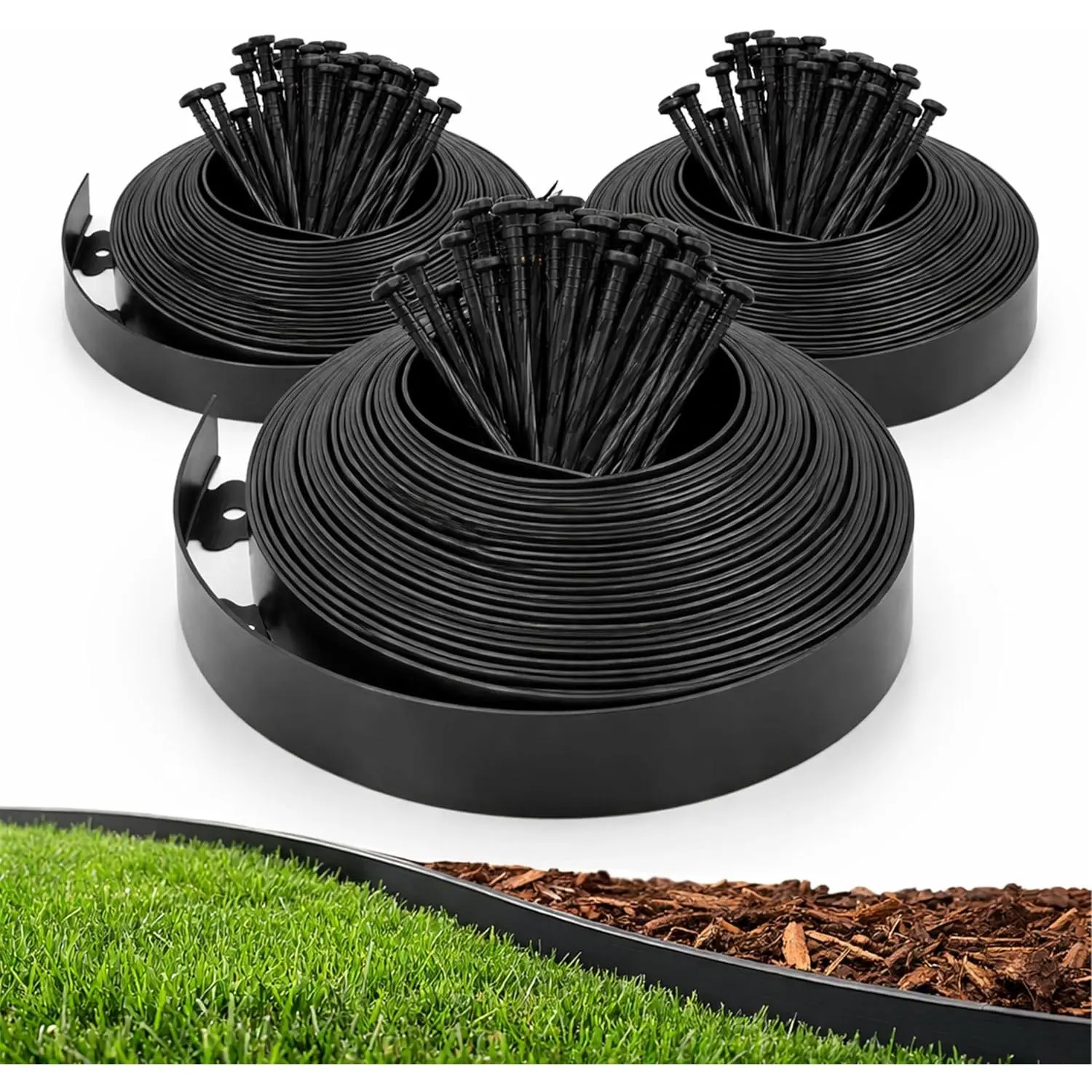 1.5" x 100' Landscape Edging Kit, Garden Edging Coil Comes with 120 Pcs Spikes, No Dig Lawn Border