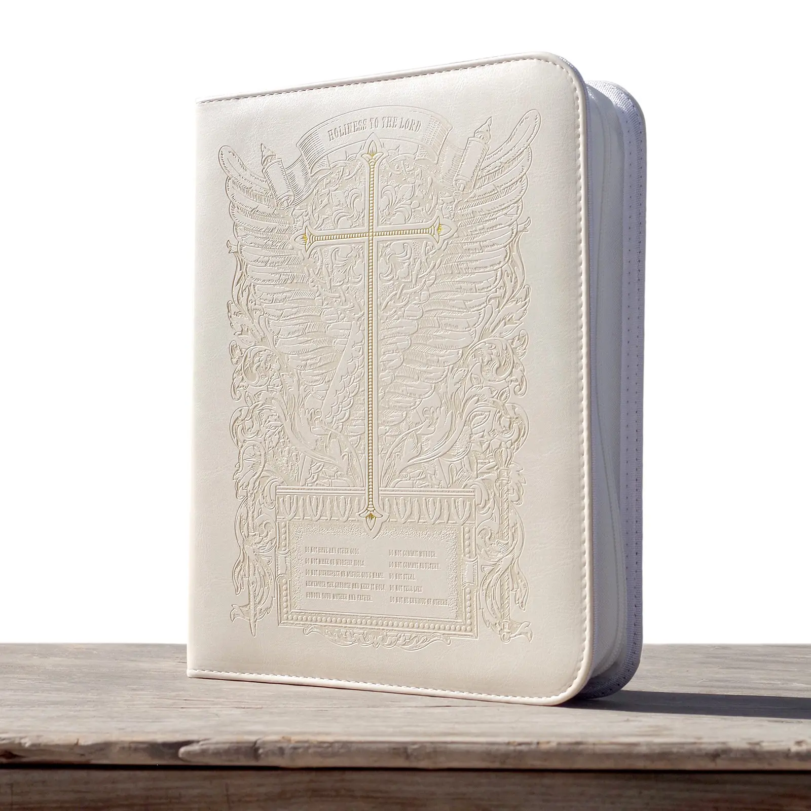 Deluxe Leather Bible Cover with Cross Engraving, Symbols – Antique Scroll Style, Christian Gift for Pastors, Believers & Confirmation, Inspired Design with Patent Pattern Zipper – White