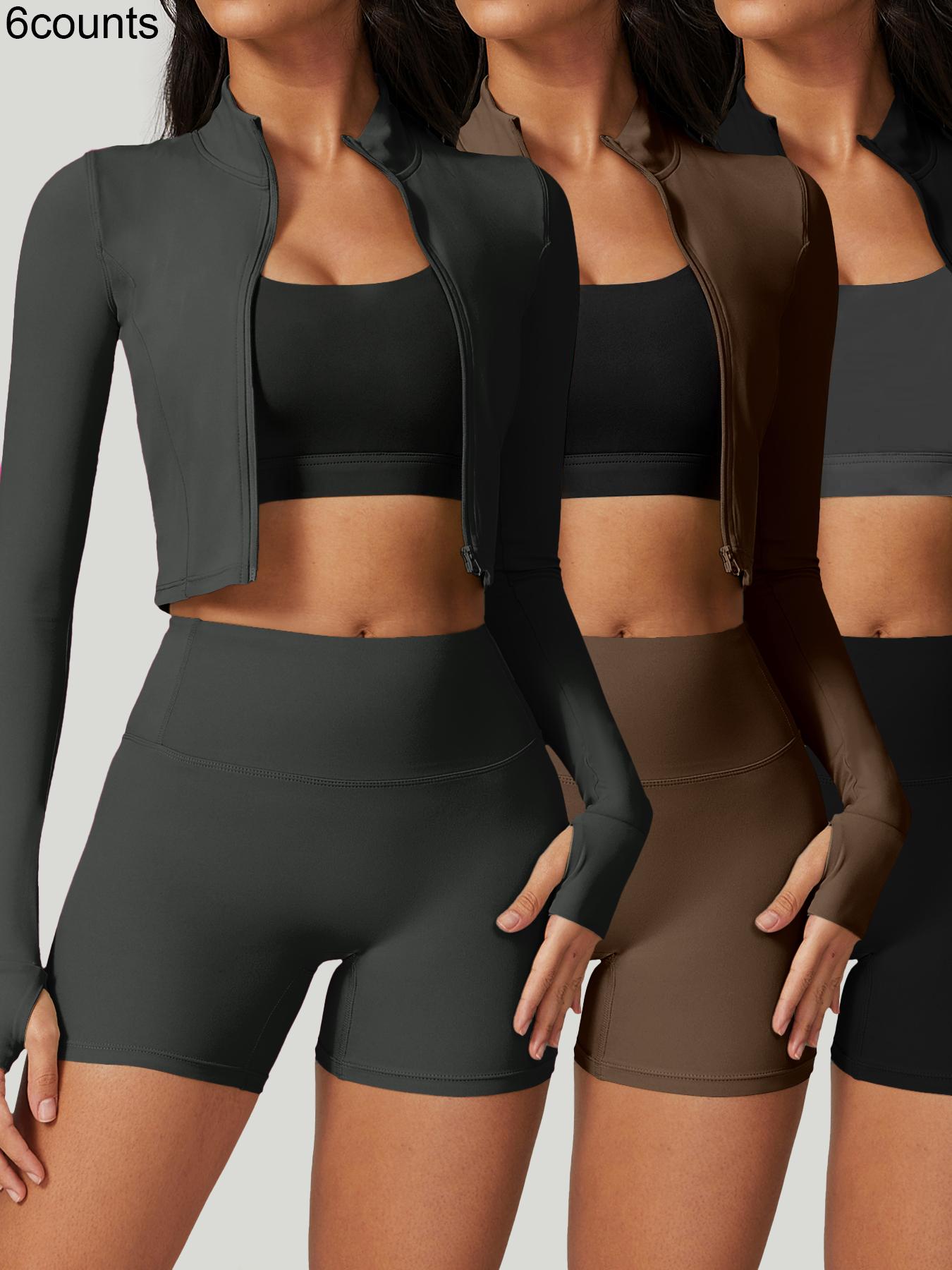 Women's high elastic soft standing neck zipper waist length shaping jacket high waist beautiful buttocks shorts yoga suit set Fitness Outfits Outdoor Running Cycling, Mountaineering Strolling Set Gym Sports Training Fashion Coat Shorts