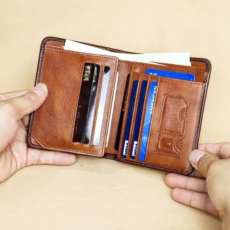 Men Wallet Genuine Leather Rfid Blocking Trifold Wallet Vintage Thin Short Multi Function ID Credit Card Holder Male Purse Money