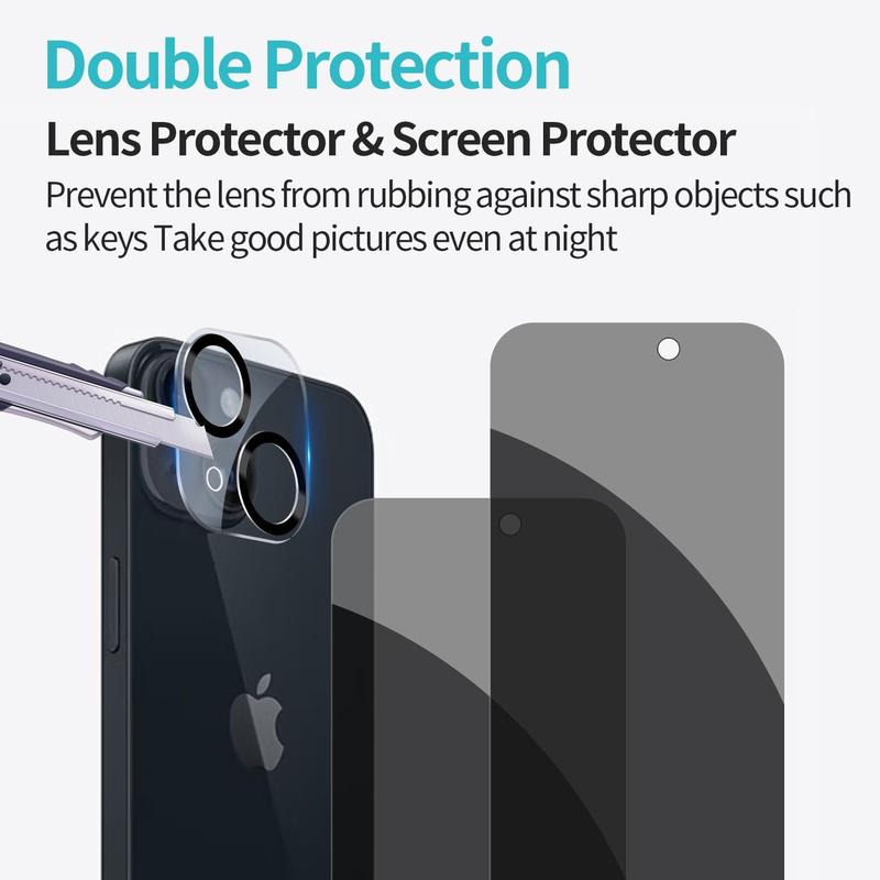 2 Counts Privacy Screen Protector & 2 Counts Camera Lens Protector, Full Coverage Anti-Spy Tempered Glass Film, Phone Accessories for iPhone 11 12 13 14 15 Pro Max
